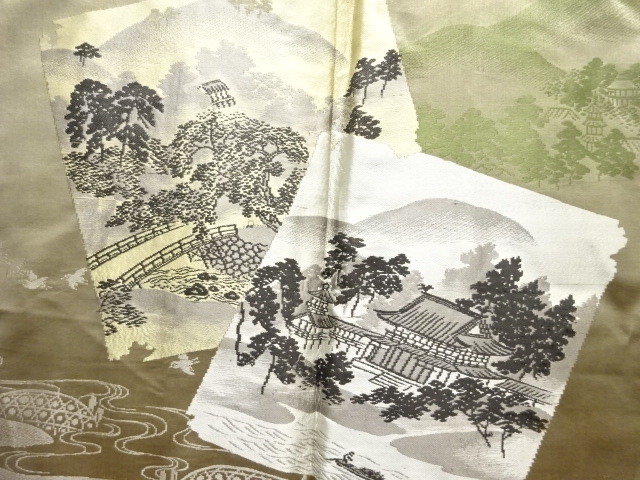 アンティーク　破れ色紙に屋敷風景模様織り出し緞子肩裏紋付羽二重男物羽織